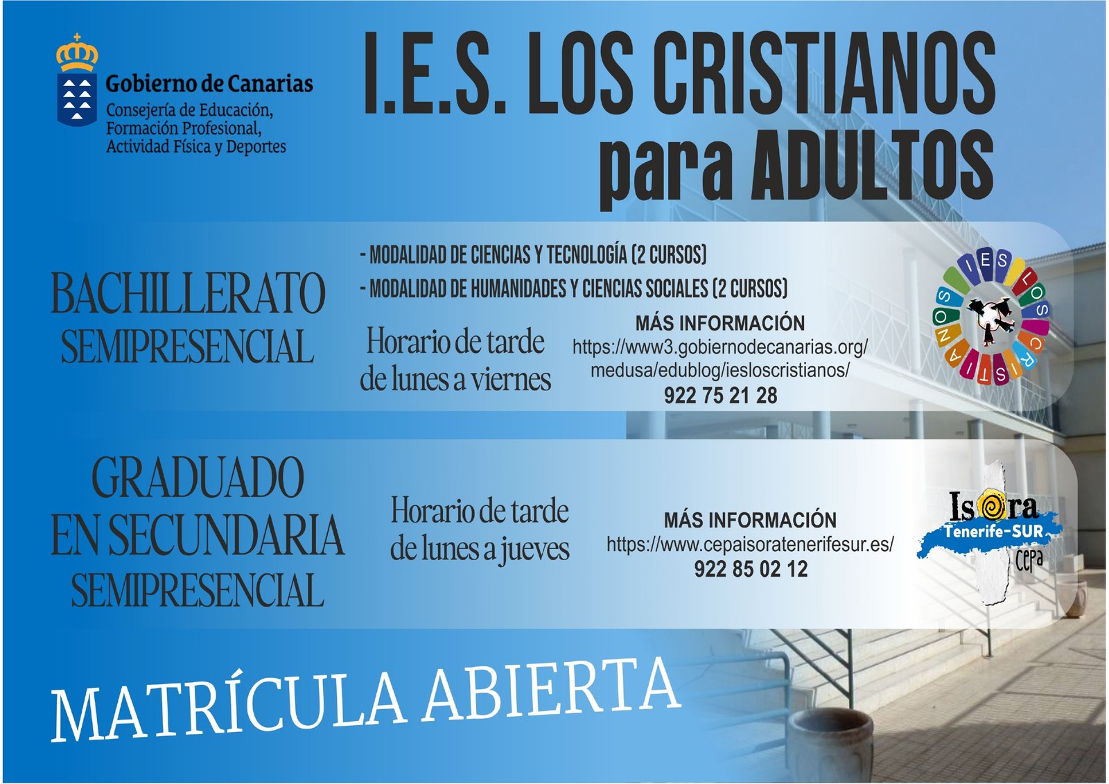 El IES Los Cristianos ofrece cursos de Bachillerato y Graduado en Secundaria para adultos. Matrícula abierta en horario de tarde.