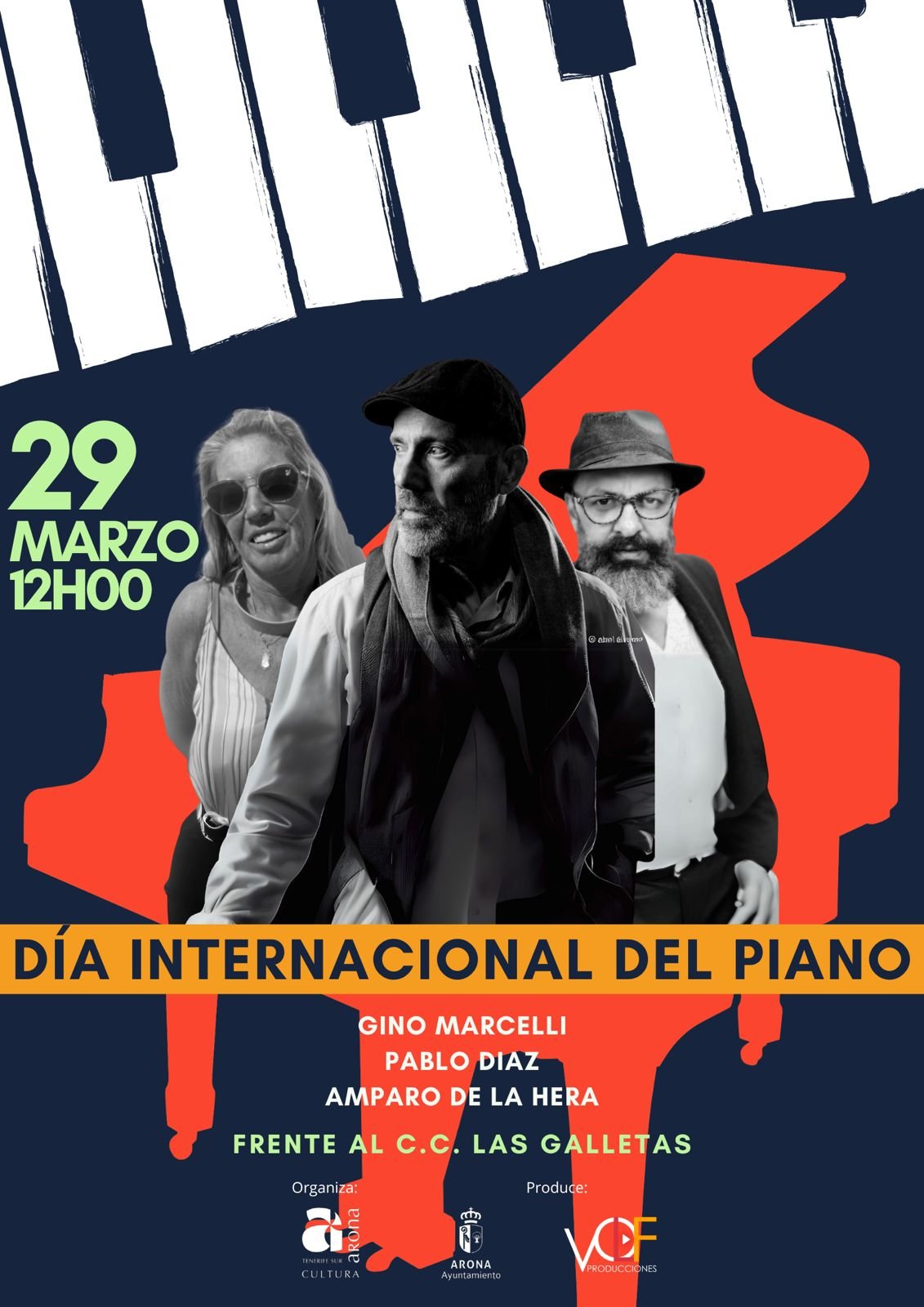 Arona celebra el Día Mundial del Piano con un concierto al aire libre en Las Galletas

El Patronato de Cultura del Ayuntamiento de Arona celebra el Día Mundial del Piano con un concierto muy especial en plena calle, puesto que se llevará a cabo enfrente del Centro Cívico Las Galletas (Calle Central, nº 15) de la mano de tres destacados pianistas: el italiano Gino Marcelli, el tinerfeño Samuel Labrador y el sevillano Pablo Díaz. Esta actividad, que se desarrollará el sábado 29 de marzo a partir de las 12:00 horas, acerca la cultura a la ciudadanía, favoreciendo espacios de encuentro y propiciando el enriquecimiento personal a través de la cultura.

Gino Marcelli (Sermoneta, Italia) es un activo compositor, arreglista, pianista y productor. A los 9 años se inició en la música con el profesor Mariano De Falco, superando varios exámenes del conservatorio como pianista. En su carrera actual, ha actuado en los mejores escenarios de Europa, tocando con varios artistas de renombre. 

Samuel Labrador, natural de La Orotava, es uno de los músicos canarios de jazz más reconocidos a nivel regional. Ha participado en festivales nacionales e internacionales y es miembro del quinteto The Art’s Jazz Ensemble. 

Pablo Díaz Blanco, nacido en Sevilla, finalizó sus estudios superiores de piano en París y Bélgica con el virtuoso Nelson Delle-Vigne Fabbri.