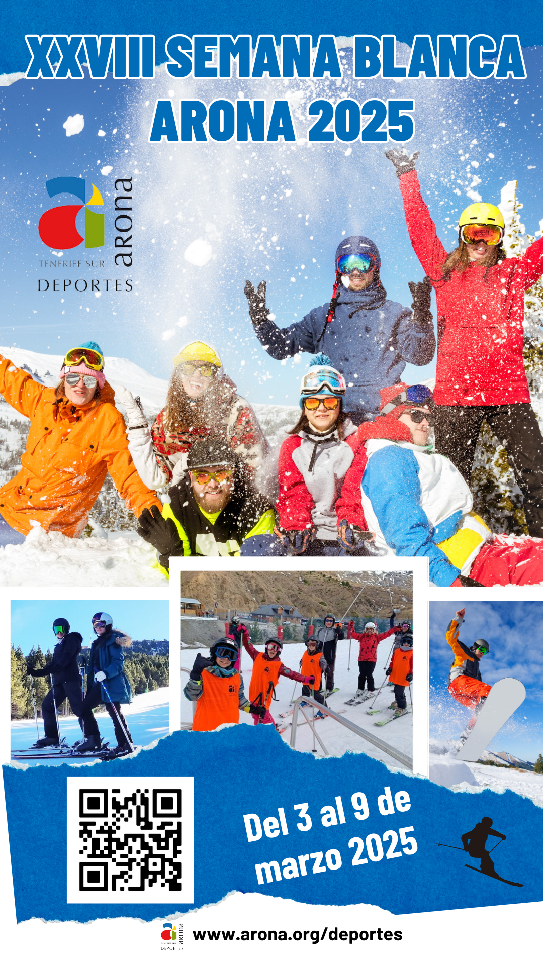El Patronato de Deportes de Arona presenta la XXVIII Semana Blanca 2025 en los Pirineos andorranos

Esta iniciativa se celebrará del 3 al 9 de marzo de 2025, ofreciendo a los participantes seis días llenos de aventura, aprendizaje y disfrute en la nieve.

El Patronato Municipal de Deportes del Ayuntamiento de Arona tiene el placer de anunciar la XXVIII edición de la Semana Blanca Arona 2025. Esta iniciativa ofrece a los vecinos y vecinas del municipio la oportunidad de disfrutar de una experiencia única en los deportes de invierno, que tendrá lugar en la estación de esquí Grandvalira, en el Pirineo andorrano.

La Semana Blanca se celebrará del 3 al 9 de marzo de 2025, ofreciendo a los participantes seis días llenos de aventura, aprendizaje y disfrute en la nieve. Este proyecto tiene como objetivo acercar la práctica del esquí y el snowboard a aficionados de todas las edades, desde los seis años en adelante, incluyendo jóvenes, adultos y familias.

Dos opciones de alojamiento y esquí

Los participantes podrán elegir entre dos opciones de alojamiento:

Opción A: Hotel Delfos * en Andorra la Vella, con acceso a la estación de esquí de Grandvalira, que cuenta con más de 210 kilómetros de pistas.

Opción B: Hotel Cal Ruiz  en Pas de La Casa, a pie de pistas, también en Grandvalira, ofreciendo una experiencia más directa y accesible a la nieve.

Servicios incluidos en la experiencia

El programa incluye todos los traslados, tanto aéreos como terrestres, seis noches de alojamiento en régimen de media pensión, cinco días de alquiler de material de esquí, cursos de iniciación y perfeccionamiento, acceso ilimitado a las pistas de Grandvalira, cinco comidas en las pistas y seguro de viaje y de esquí.

Inscripciones abiertas a partir del 4 de octubre

Las inscripciones para la Semana Blanca Arona 2025 comenzarán el viernes 4 de octubre en el Gabinete Técnico del Complejo Deportivo Municipal “Jesús Domínguez Grillo” de Los Cristianos, en horario de 9:00 a 14:00 horas. Los residentes del municipio tendrán prioridad hasta el 20 de octubre.