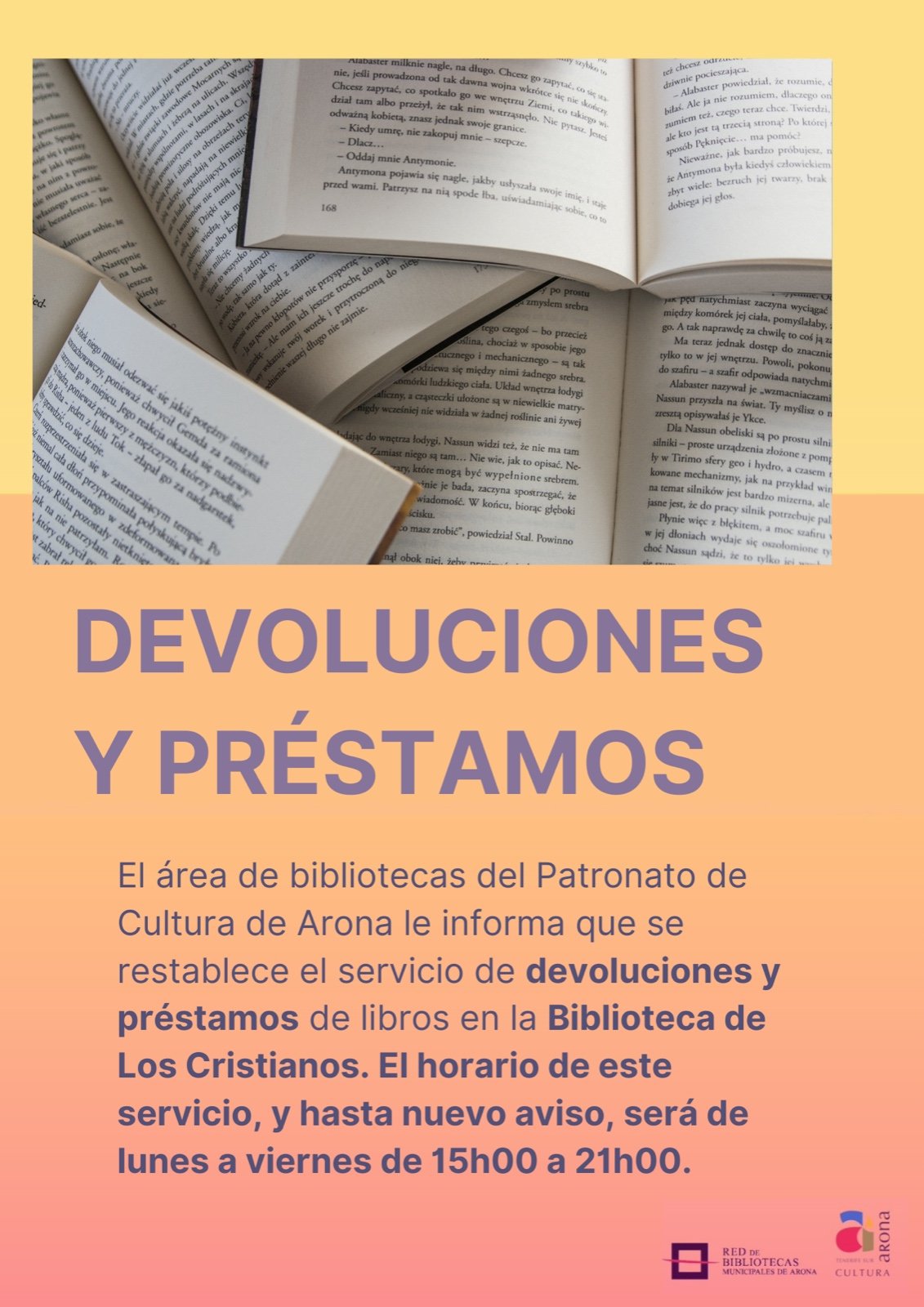 Comunicado sobre devolución y préstamos de libros en la Biblioteca de Los Cristianos