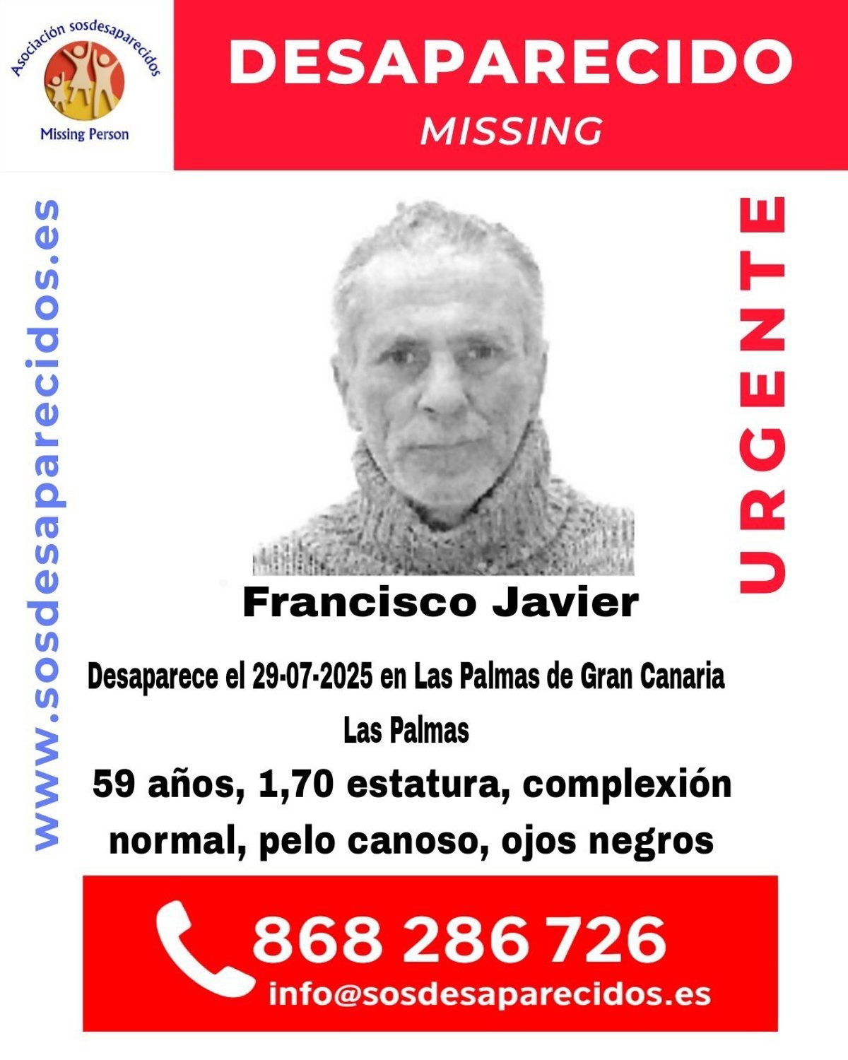 Buscan a hombre de 50 años desaparecido en Las Palmas el 29 de julio de 2025