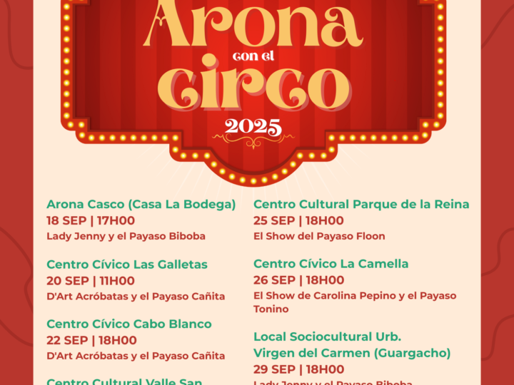 Arona presenta una amplia oferta cultural para el mes de septiembre con música, teatro, literatura y espectáculos familiares
  

  
      
          
                  
                      
                                           
                      
                        
                      
                  
              
      
  

  
  Los Conciertos Íntimos 2025 y la nueva edición de Arona con el Circo son los puntos centrales de una programación que incluye música, teatro, literatura y entretenimiento para toda la familia.
  El Ayuntamiento de Arona, a través del Patronato de Cultura, ha preparado una agenda cultural diversa y de calidad para el mes de septiembre, destacando su compromiso de llevar la cultura a todos los rincones del municipio. Los Conciertos Íntimos 2025 y Arona con el Circo 2025 son los eventos principales, junto con conciertos de artistas locales e internacionales, presentaciones de libros y estrenos teatrales.

Los Conciertos Íntimos 2025 son un ciclo musical íntimo que reúne a artistas con lazos familiares, ofreciendo actuaciones en un ambiente especial. La primera presentación será en la Casa de la Bodega de Arona Casco con los hermanos Josué y Gustavo Rodríguez.

Arona con el Circo 2025 llevará espectáculos itinerantes a diferentes partes del municipio del 18 al 30 de septiembre, acercando el arte circense a las familias con humor, acrobacias y creatividad en espacios culturales y plazas de barrios como Arona Casco, El Fraile, Las Galletas, Cabo Blanco, Valle San Lorenzo, Parque de la Reina, La Camella, Guargacho y Buzanada.

La programación cultural de septiembre incluye música de raíz, boleros, ilusionismo, literatura y comedia, con la participación de artistas como los Hermanos Guedes, Mencey Romántico y Alma de Bolero, Tontxu, Jorge Blass, Carlos Varela, Antonia San Juan, y el espectáculo Mujeres cantan a México, así como la presentación del libro Destinos entrelazados de Cristóbal Amaro López. Arona presenta una diversa agenda cultural para septiembre con música cubana, teatro y humor. También se destaca la presencia de Estrellas de Buena Vista y miembros originales de Buena Vista Social Club, que traerán la esencia de la música cubana más reconocida internacionalmente. La programación incluye espectáculos de Biagio Izzo y la comedia musical «El Show de Paca». Arona reafirma su compromiso con la accesibilidad y la calidad cultural, ofreciendo una agenda para disfrutar en todos los núcleos del municipio y para todas las edades. Para más información sobre la programación, se puede consultar la agenda cultural en la página web municipal: www.arona.org/Agenda.