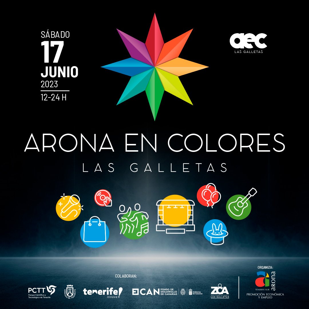 Arona en colores regresa este sábado a Las Galletas para impulsar el sector comercial en español. ¡Visita Las Galletas este sábado 17 de junio, de 12:00 a 00:00 horas! Programa de actuaciones en varios escenarios con música, danza, folclore, artesanía, actividades infantiles, tecnología, belleza y deporte. ¡No te lo pierdas! Financiado por el Cabildo Insular de Tenerife.