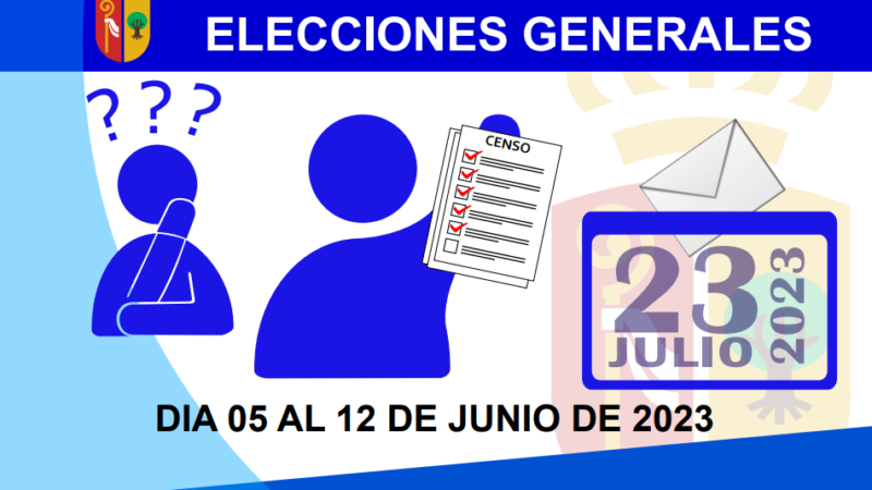 Exposición del Censo Electoral Elecciones a Cortes Generales 23 julio 2023

Por motivo de las elecciones a Cortes Generales del 23 de Julio de 2023, se informa que estará disponible el servicio de consulta del censo electoral del 05 al 12 de Junio de 2023, ambos inclusive. Durante este periodo, cualquier ciudadano/a que pueda participar en estas elecciones podrá presentar reclamaciones sobre su inclusión o exclusión en el censo electoral.

La consulta se podrá realizar en las siguientes oficinas:
– Oficina de Arona Casco: En horarios de 8:00 a 14:30 de lunes a viernes, y de 16:30 a 19:00 los martes. También en horarios de 9:00 a 12:30 los sábados y domingos.
– Oficina de Los Cristianos: En horario de 8:00 a 14:30 de lunes a viernes y de 16:30 a 19:00 los jueves.
– Oficina de Las Galletas: En horario de 8:30 a 14:30 de lunes a viernes y de 16:30 a 19:00 los martes.
– Telemáticamente, a través del enlace indicado. Se utilizará el sistema Cl@ve como medio de identificación, por lo que se necesitará certificado electrónico o estar dado de alta en los sistemas Cl@ve PIN 24H o Cl@ve permanente.

Aspectos a tener en cuenta para la consulta:
– No se requiere cita previa.
– Para la identificación se deberá presentar DNI, pasaporte o permiso de conducir con fotografía del titular.