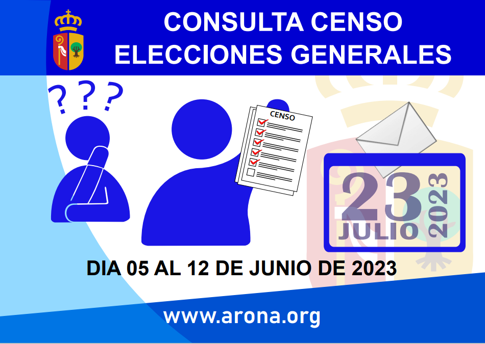Exposición del Censo Electoral Elecciones a Cortes Generales 23 julio 2023

Por motivo de las elecciones a Cortes Generales del 23 de Julio de 2023, se informa que estará disponible el servicio de consulta del censo electoral del 05 al 12 de Junio de 2023, ambos inclusive. Durante este periodo, cualquier ciudadano/a que pueda participar en estas elecciones podrá presentar reclamaciones sobre su inclusión o exclusión en el censo electoral.

La consulta se podrá realizar en las siguientes oficinas:
– Oficina de Arona Casco: En horarios de 8:00 a 14:30 de lunes a viernes, y de 16:30 a 19:00 los martes. También en horarios de 9:00 a 12:30 los sábados y domingos.
– Oficina de Los Cristianos: En horario de 8:00 a 14:30 de lunes a viernes y de 16:30 a 19:00 los jueves.
– Oficina de Las Galletas: En horario de 8:30 a 14:30 de lunes a viernes y de 16:30 a 19:00 los martes.
– Telemáticamente, a través del enlace indicado. Se utilizará el sistema Cl@ve como medio de identificación, por lo que se necesitará certificado electrónico o estar dado de alta en los sistemas Cl@ve PIN 24H o Cl@ve permanente.

Aspectos a tener en cuenta para la consulta:
– No se requiere cita previa.
– Para la identificación se deberá presentar DNI, pasaporte o permiso de conducir con fotografía del titular.