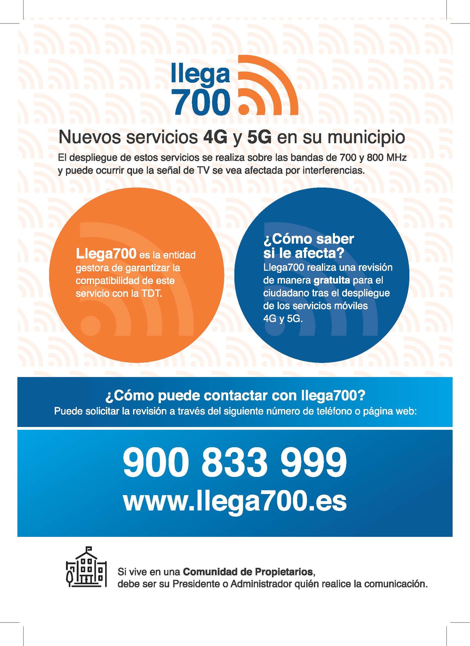 Mejoras en las conexiones móviles de Arona con los despliegues de tecnología 4G y 5G
  

  
      
          
                  
                      
                                           
                      
                        
                      
                  
              
      
  

  
  
  
 •    Las operadoras de telefonía móvil comienzan a ofrecer en Arona servicios de 4G y 5G en las bandas de 700 y 800MHz.
 •    Esta nueva tecnología brindará a los habitantes de Arona servicios móviles de alta velocidad y mayor cobertura en edificios y áreas geográficas extensas.
 •    Llega700 se encargará de asegurar la compatibilidad de estos servicios con la TDT.


Las operadoras de telefonía móvil, Telefónica, Vodafone y Orange, han anunciado la implementación de servicios de 4G y 5G en Arona en las próximas semanas, utilizando las bandas de 800 y 700 MHz, respectivamente. Esto permitirá a los residentes de Arona disfrutar de conexiones móviles rápidas y con mejor cobertura tanto en interiores como en áreas geográficas más amplias.

Para asegurar que la nueva tecnología no interfiera con la televisión digital terrestre (TDT), Llega700 ha sido establecida por los operadores para resolver cualquier problema que pueda surgir en la recepción de la señal de televisión.

Este despliegue se está llevando a cabo gradualmente en toda España. Para conocer las ubicaciones donde estos servicios ya están activos, se puede consultar el siguiente enlace:

Esta implementación forma parte de lo establecido en el Real Decreto 579/2019, de 11 de octubre, que liberó las frecuencias entre 694 y 790 MHz (canales 49 al 60 de UHF) que se utilizaban para la TDT, proceso conocido como Segundo Dividendo Digital. Estas frecuencias ahora han sido asignadas a las operadoras de telefonía móvil para sus servicios de nueva generación.

Principales beneficios: mayor cobertura y velocidad

La nueva red móvil permitirá la llegada de servicios y aplicaciones innovadoras, mejorando la velocidad de descarga y envío de datos, así como el aprovechamiento de aplicaciones online como los videojuegos. Además, se superarán problemas de cobertura en zonas geográficas complicadas, mejorando la experiencia de los usuarios. La segunda generación de conexiones móviles llega a zonas interiores de edificios.

La nueva tecnología permite la introducción de servicios empresariales y públicos, como aplicaciones móviles con contenido multimedia y videollamadas.

El despliegue en las bandas de 700 y 800 MHz mejora la cobertura en interiores y extiende el servicio de forma eficiente.

Llega700 garantiza la compatibilidad entre la red móvil de nueva generación y la TDT, ofreciendo servicios gratuitos de corrección y atención a los usuarios afectados.

Para más información, se puede contactar al teléfono gratuito 900 833 999 o visitar la página web www.llega700.es.
