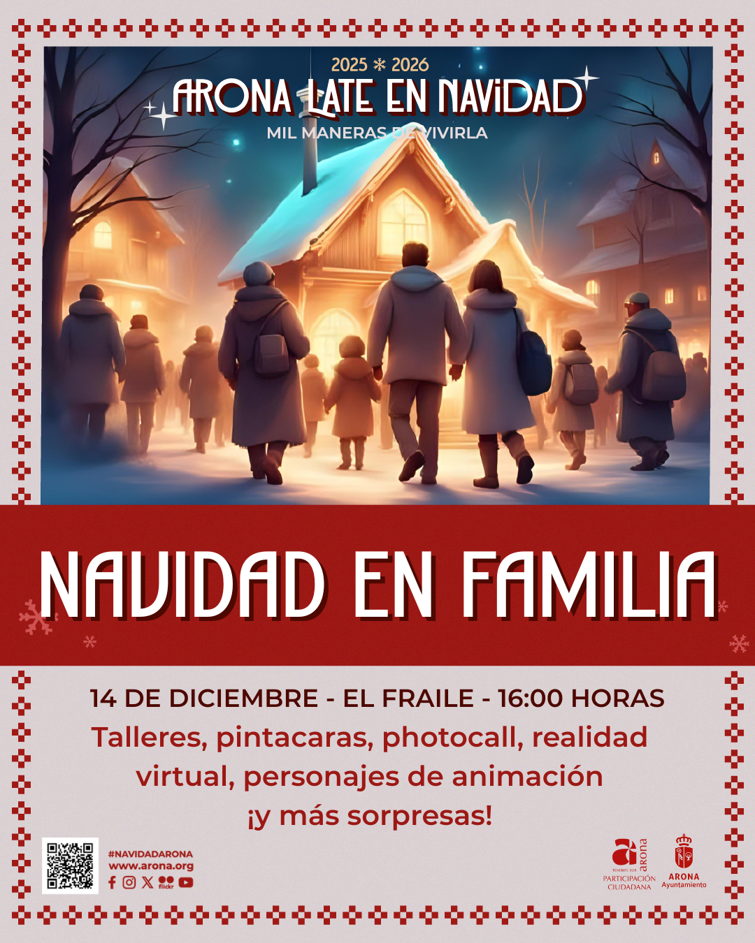 El objetivo es promover la unión y la diversión en un ambiente festivo y familiar, donde niños y adultos puedan disfrutar juntos de la magia de la Navidad.. 

Versión modificada:

El Ayuntamiento de Arona promueve la convivencia vecinal con la actividad ‘Navidad en familia’

En Arona, el Área de Participación Ciudadana ha lanzado la iniciativa ‘Navidad en familia’, una propuesta para celebrar las fiestas navideñas en comunidad. La actividad incluirá jornadas lúdicas gratuitas en los pabellones polideportivos de El Fraile y Valle San Lorenzo durante los meses de diciembre y enero.

Esta propuesta tiene como objetivo fomentar la convivencia, el encuentro y el disfrute colectivo entre las familias del municipio en esta época especial del año. Se llevará a cabo en dos jornadas diferentes, una el 14 de diciembre en el Pabellón Polideportivo Villa Isabel en El Fraile, y la otra el 4 de enero en el Pabellón Polideportivo de Valle San Lorenzo, ambas de 16:00 a 20:00 horas.

El programa incluirá diversas actividades lúdicas y participativas como animación, pintacaras, talleres creativos, castillos hinchables y otras dinámicas adaptadas para todas las edades. Todo en un ambiente festivo decorado con motivos navideños, con el objetivo de promover la unión familiar y la diversión en estas fechas tan especiales.