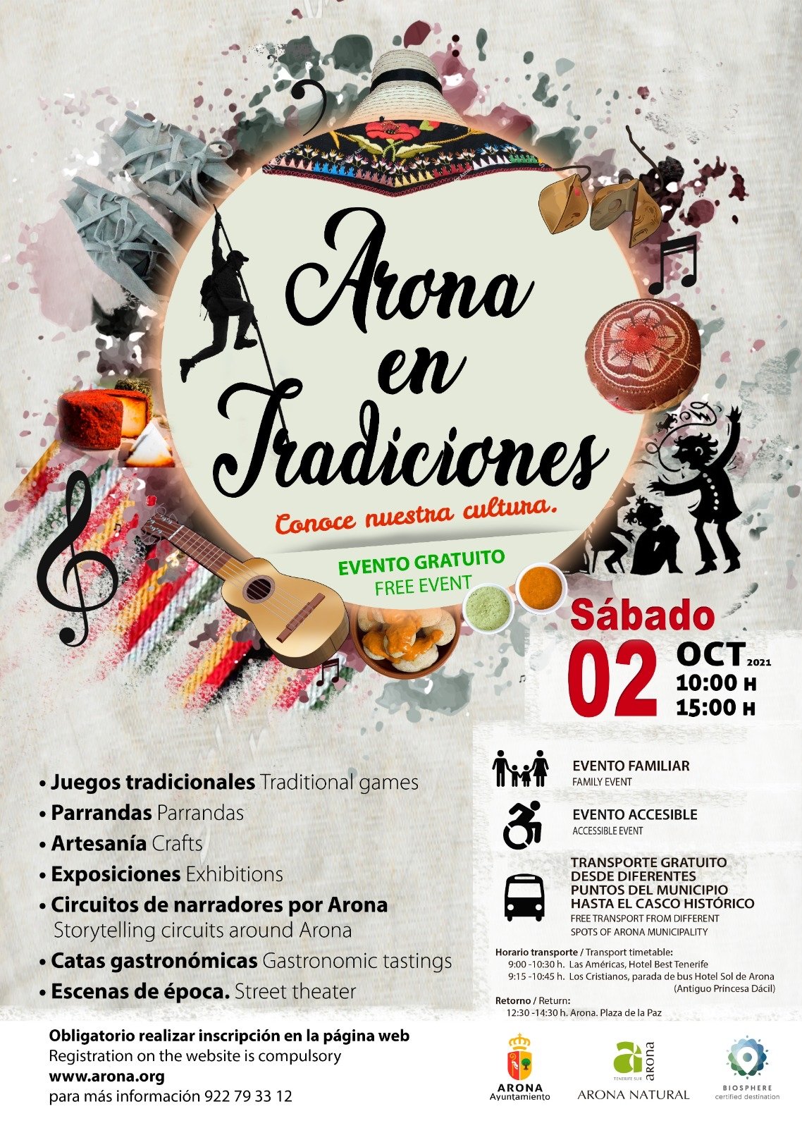 Arona en Tradiciones vuelve a las calles del Casco el sábado 2 de octubre, con rutas de teatro, catas, artesanía y folclore, organizado por el Patronato de Turismo de Arona. En esta edición, será necesario inscribirse previamente a través de la web arona.org o las redes sociales para participar en las diferentes actividades.

Se llevarán a cabo hasta tres circuitos simultáneos en las calles del Casco, con un máximo de 30 personas por grupo, a las 10.00 y 12.30 horas. Los participantes podrán disfrutar de escenas de teatro, juegos tradicionales, folclore, explicaciones históricas de Arona, exposiciones y catas de productos locales como aceite de oliva, quesos, miel, higos tunos y vinos en la Casa de la Bodega.

El alcalde de Arona, José Julián Mena, ha destacado la importancia de poner en valor el patrimonio del Casco, su legado histórico y su riqueza agrícola y gastronómica. Mientras que el concejal de Turismo, José Alberto Delgado, ha resaltado la necesidad de diversificar la oferta turística del municipio. Se trata de ofrecer mucho más a los turistas, especialmente en un momento en el que los cambios sociales están influyendo en la elección de destinos, priorizando la sostenibilidad y el apoyo a las comunidades locales.

Inscripciones:

CIRCUITO 1:



CIRCUITO 2:



CIRCUITO 3: