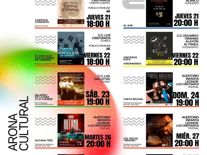 Programación cultural de mayo en Arona: teatro, danza, música y cultura de raíz. A lo largo del mes, actividades en distintos espacios del municipio como el Auditorio Infanta Leonor, Los Cristianos, Centro Cultural Valle San Lorenzo y centros cívicos. Destacan el Ahijadero Cultural 2026, espectáculos de artes escénicas, música, humor y eventos vinculados a la etnografía y la música tradicional. ¡No te lo pierdas!
